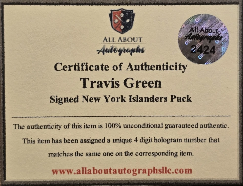 Disco de hockey autografiado por Travis Green New York Islanders de la NHL con certificado de autenticidad AAA Foto 3 de 3