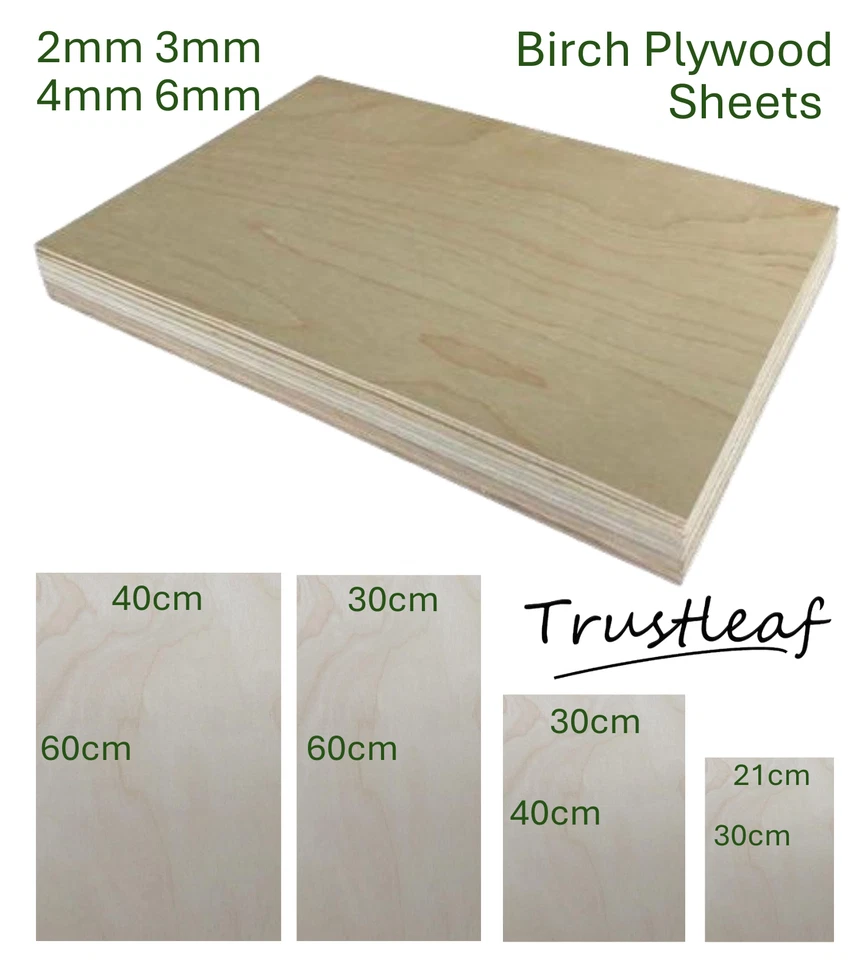 TRUSTLEAF BIRCH PLY Plywood Boards 2mm 3mm 4mm 6mm - Models Arts Crafts Laser Pyrography