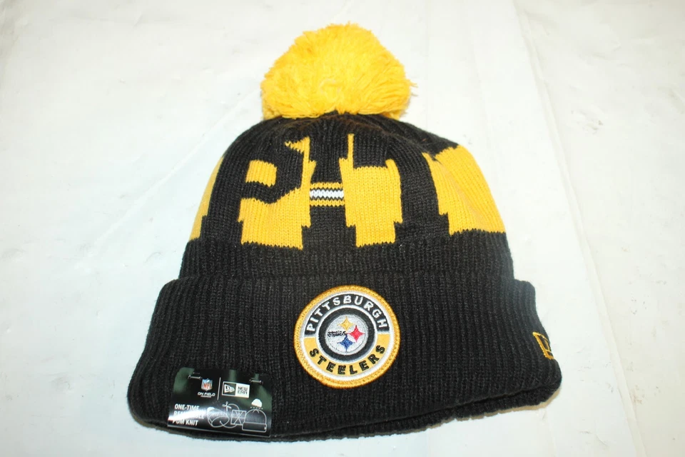 NWT New Era Pittsburgh Steelers Knit Beanie Stocking Hat Black Yellow Pom