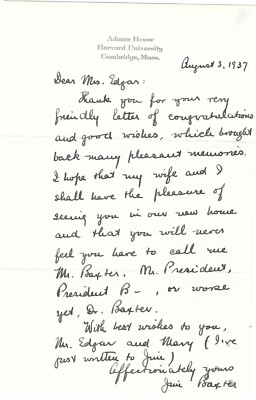 Pulitzer Prize Winner, Academy Fellow, Adams House Master Baxter Writes Friend