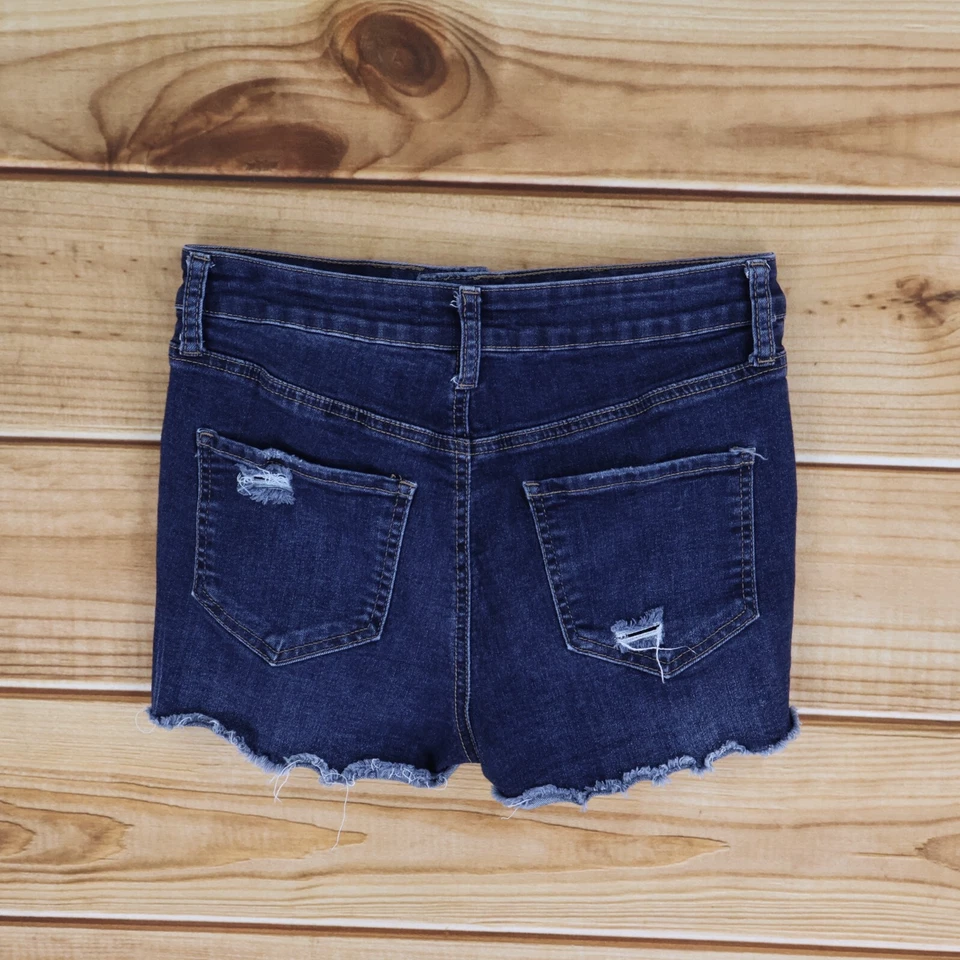 SO Cut-Off Jean Shorts Juniors 7 Dark Blue Distressed Stretch High Rise Shortie - Image 2 of 4
