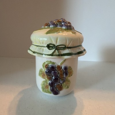 GRAPES Sugar Bowl Jam Jar Hat Cover Embossed Glaze Josef Originals Vintage