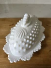 Vintage Fenton Hobnail White Milk Glass Oval Butter Dish With Crown Top Lid EUC