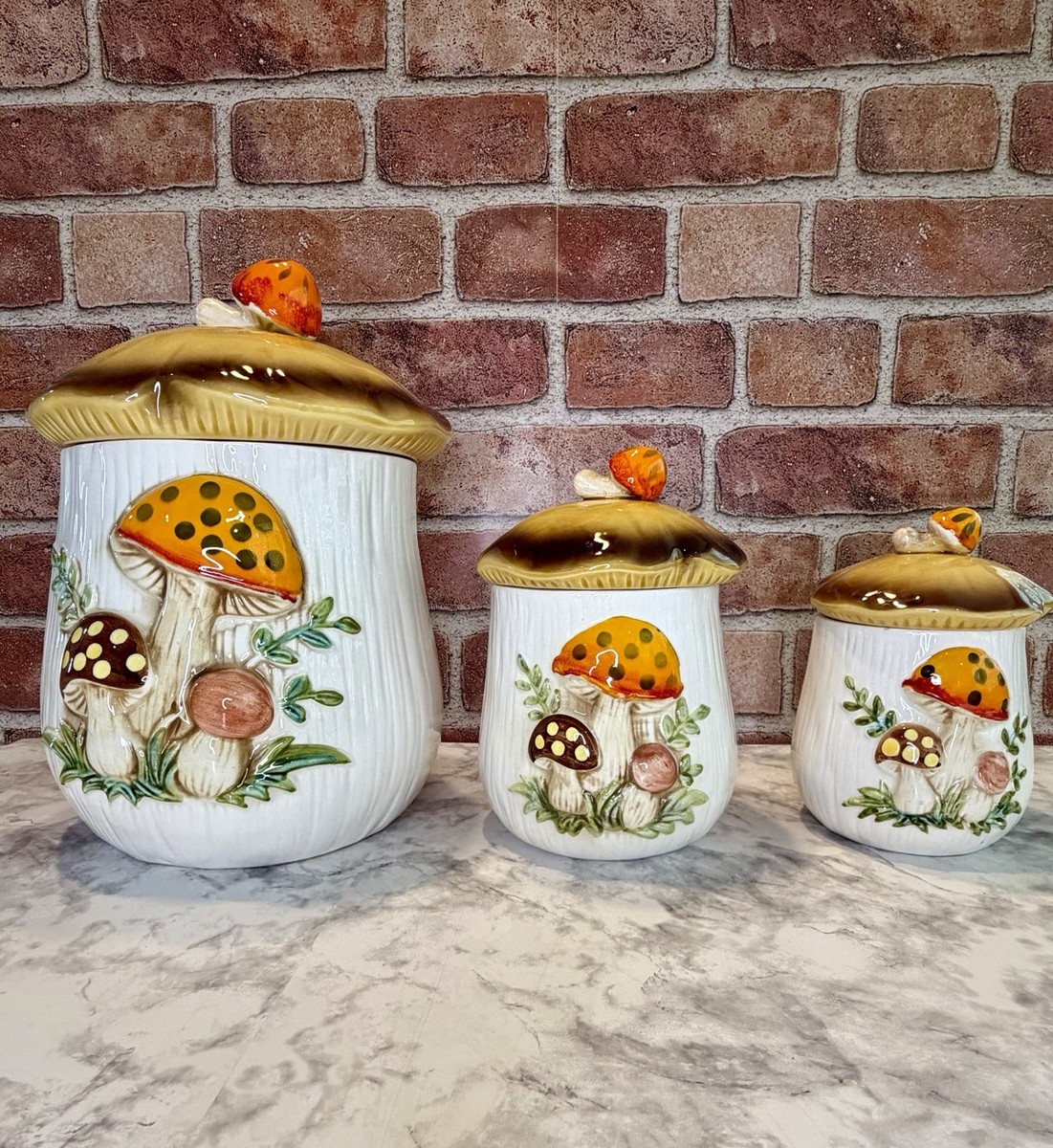 シアーズマッシュルームキャニスターセット Vintage Sears Mushroom Canister Set 1978 Japan 3 Pc Ceramic