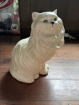 Vintage 1980 MCM Persian Large White Ceramic Cat  Green Eyes Sitting Statue 14 