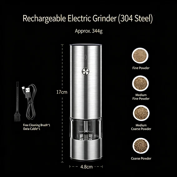 Electric Salt Pepper Grinder Adjustable Coarseness Spice Mill Bottle Sea Salt