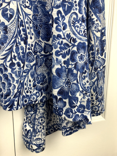 Chico's Size 3 (XL) Linen Floral Duster Blue + White Open Front Waterfall Hem - Picture 6 of 7
