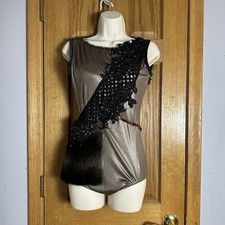 Contemporary Solo Leotard Pewter Rhinestone Faux Fur Lace Dance Costume AM