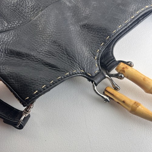 Fossil Vintage Black Leather Bamboo Handle Hand Bag Tote Purse Shoulder Strap - Picture 16 of 16