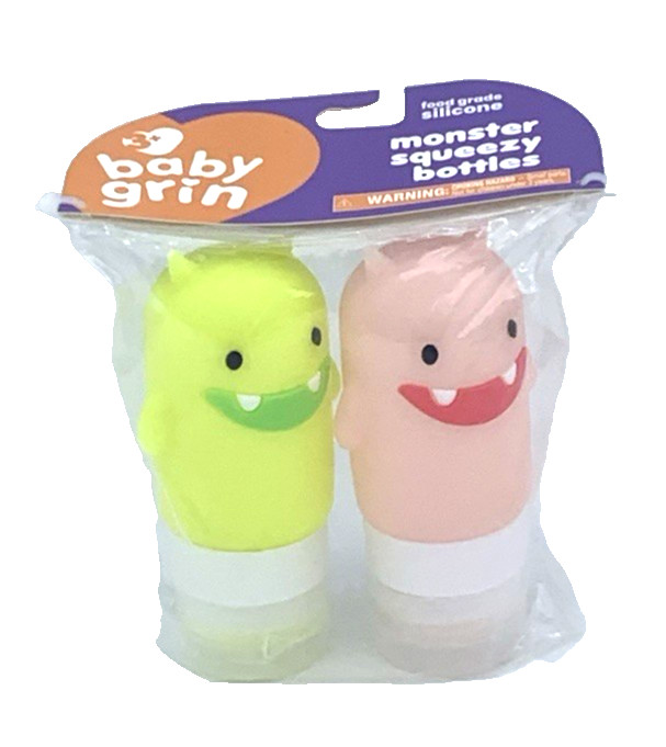 Baby Grin Monster Squeezy Bottles Silicone 60ml Pink/Yellow 2PK Fun Storage New