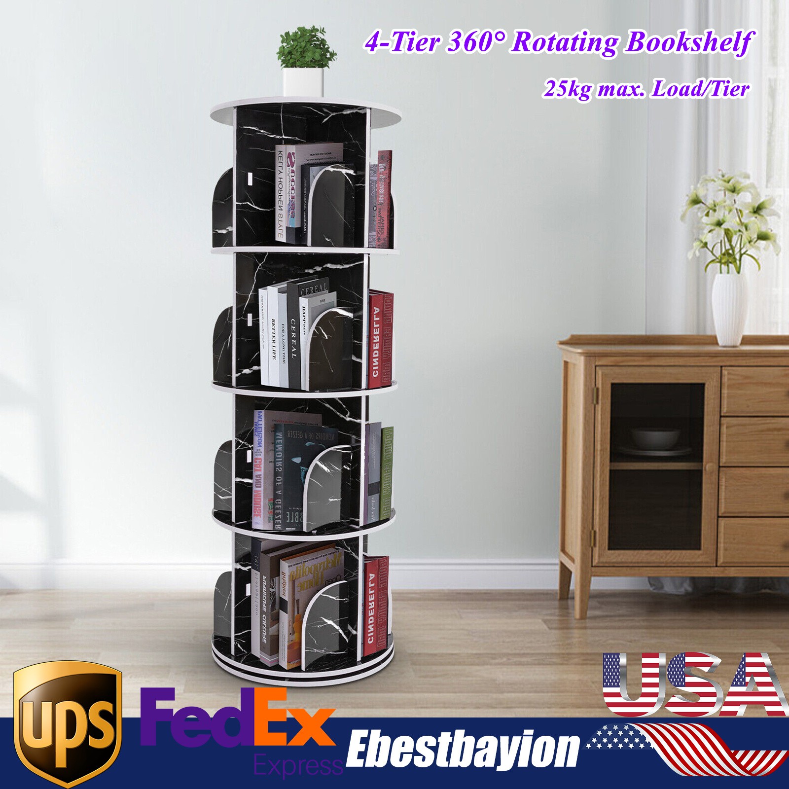 4-Tier 360° Rotating Bookcase for Bedroom Storage & Display