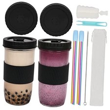 2 Pcs Reusable Boba Cup Bubble Tea Cups with Lids and Straws 24 OZ Black
