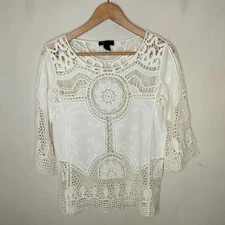 AB Studio Crochet Knit Top Floral Embroidered Small White Boho Bohemian Hippie