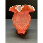 Fenton Hobnail Salmon Cased Glass Ruffled Vase, White Opalescent Rim, 6", MCM