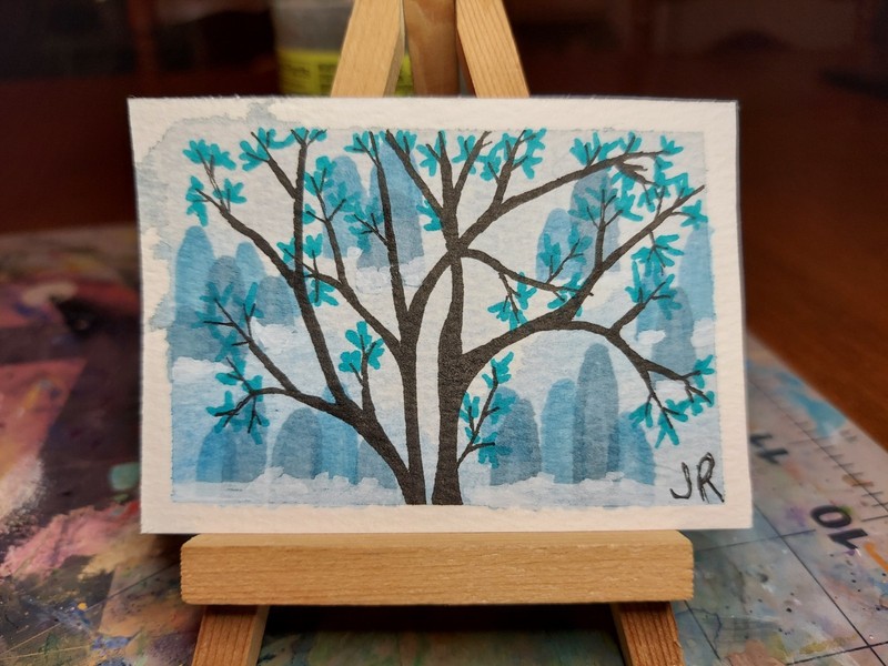 ACEO Original Watercolor Asian Mountains Bright tree Flowers 2.5x3.5 art card