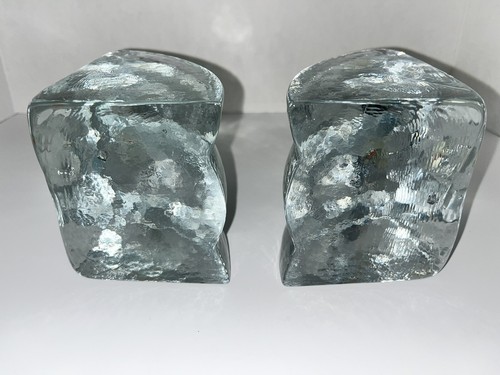 Vintage Blenko Clear Crystal Ice Block Waterfall Glass Bookends MCM RARE pattern - Picture 8 of 15