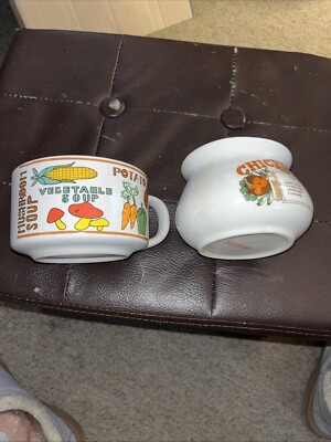 Two Soup Mugs Vegetable & Chicken Soup Bowls