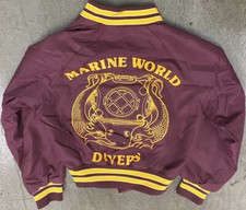 VINTAGE  Marine World Divers  Maroon  Yellow Satin Bomber Jacket Kids Size 6-8