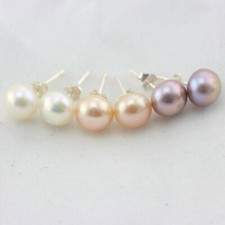 3 Pair 7-8mm White Pink Purple Genuine Cultured Pearl 925 Silver Stud Earrings