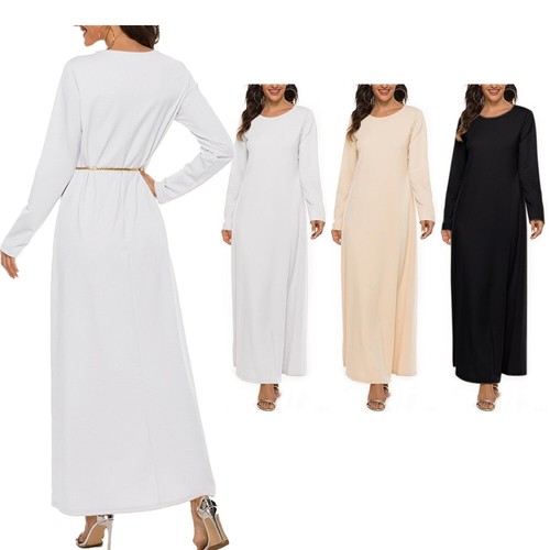 Neu Grundfutter langärmelig Rundhals lang locker einfarbig Kleid - Bild 3 von 35