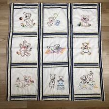Vintage Handmade Needlepoint Cotton Baby Nursery White Blanket Puppies