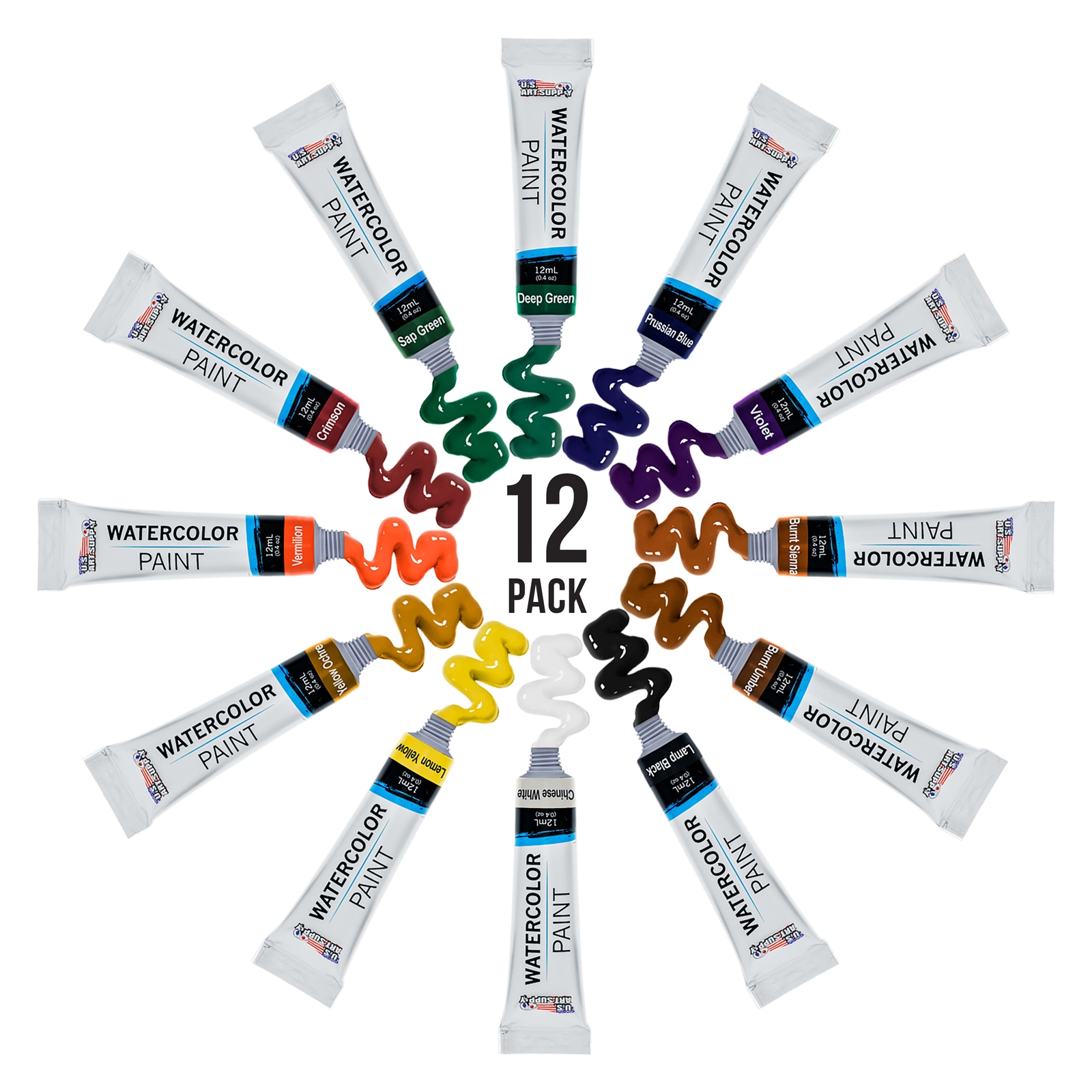US Art Supply 12 Color Artist Watercolor Paint Pigment Set 12ml Tubes