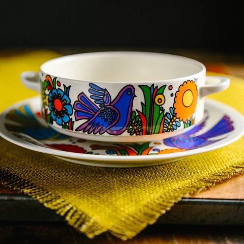 VTG 80's Villeroy Boch Acapulco FULL PATTERN Cream Soup and Saucer Set EXCELLENT