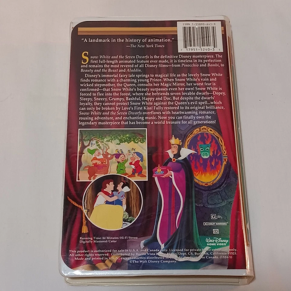 Snow White and the Seven Dwarfs (VHS, 1994) Clamshell Walt Disney Masterpiece - Image 4 of 4