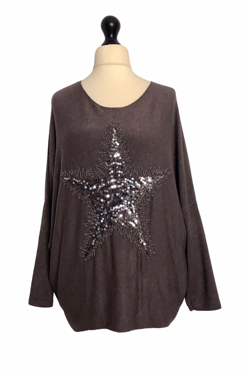 Made In Italy Lagenlook Mocha Brown Sequin Star Jumper UK Size 14 16 18