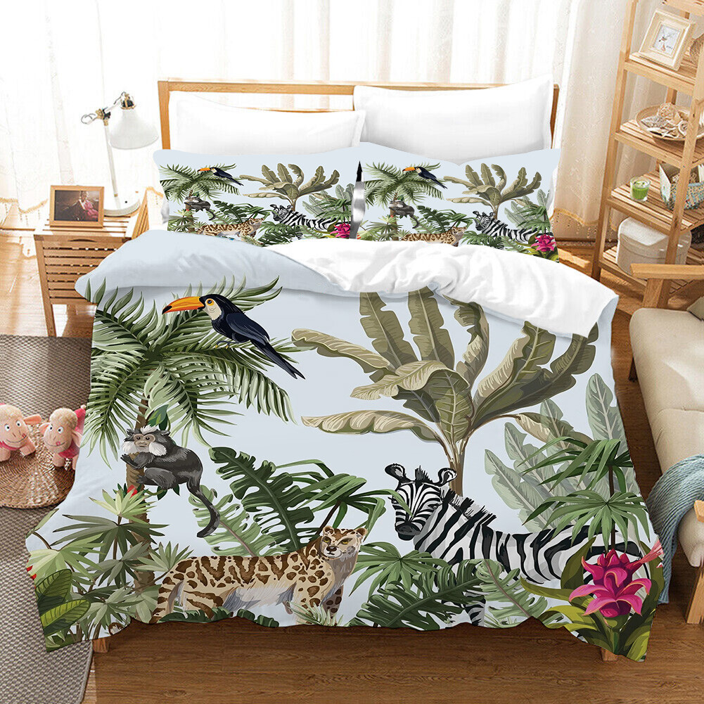 Tropical Jungle Animals Toucan Duvet Quilt Cover Queen Bedding Set Pillowcase