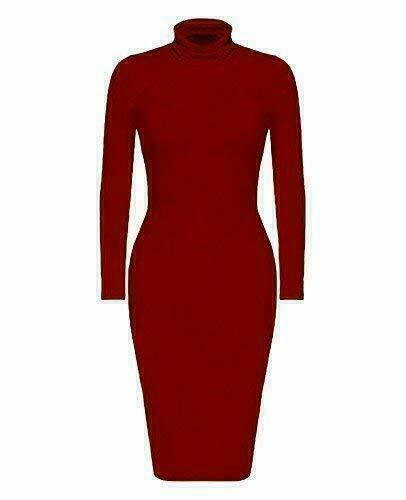 Womens Turtle Polo Neck Long Sleeve Plain Stretch Bodycon Ladies Midi Dress 8-26 - Picture 9 of 19