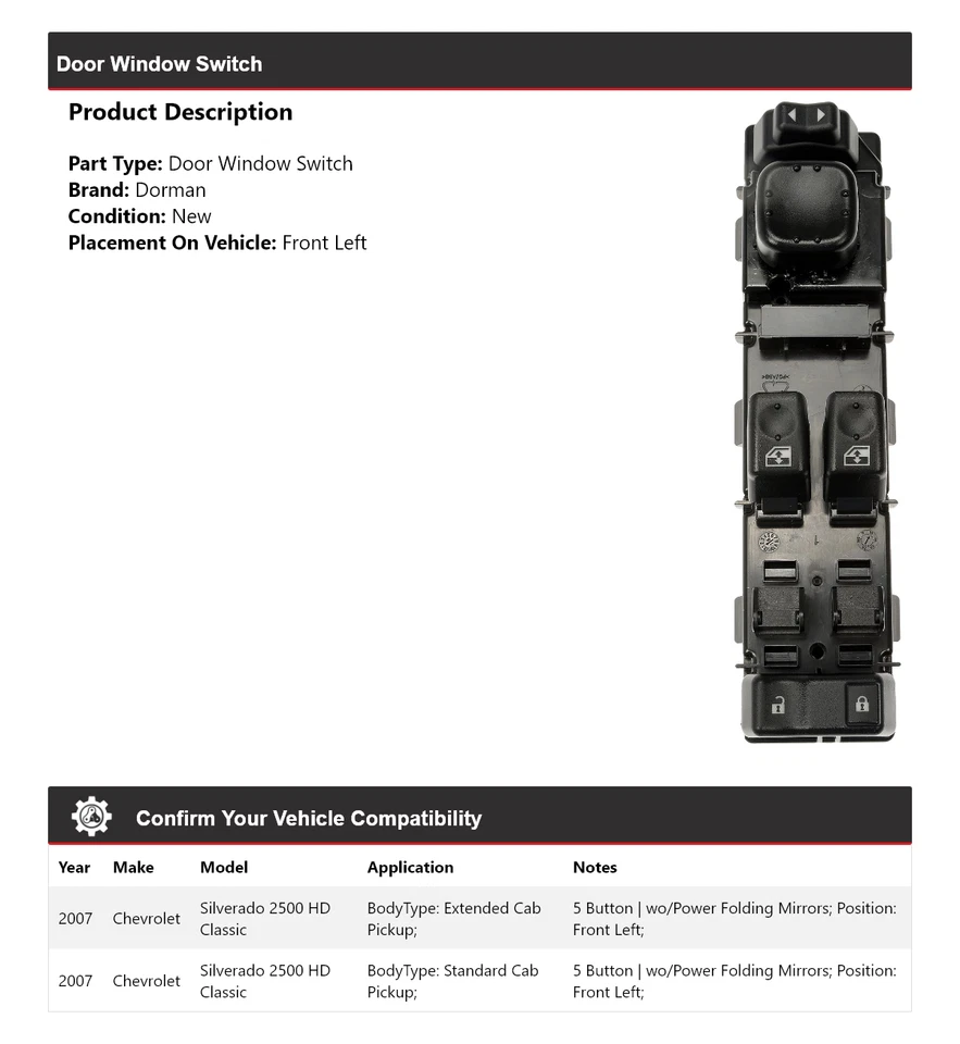Interruptor de ventana de puerta Dorman Classic 2007 Chevrolet Silverado 2500 HD Foto 2 de 4