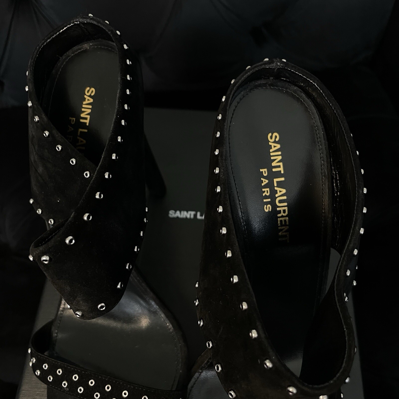 Nuovo YSL SAINT LAURENT NERO SCAMOSCIATO BORCHIATO SLIP ON MULES MICA 105 taglia EU 41