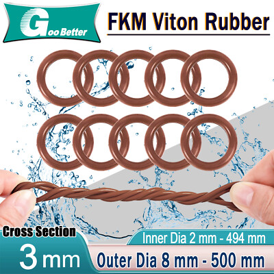 Metric Vitons Rubber FKM O Ring Seals 3mm Cross Section 2mm-494mm ID 8mm-500mmOD