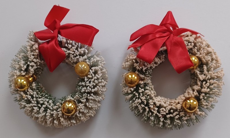 2 Vintage 4" Flocked Bottle Brush Wreaths Mercury Bulbs Mini Christmas Ornaments
