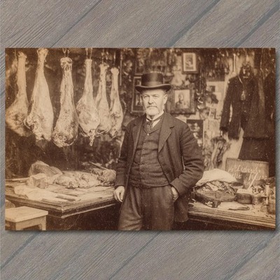 Art Print Retro Butcher Shop Bowler Hat Man Hanging Meat Market Stall Fun