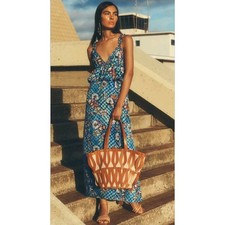 $820 Ulla JohnsonSigrid Azul Blue 100% Silk Dress Sz 6 Floral Midi Pockets