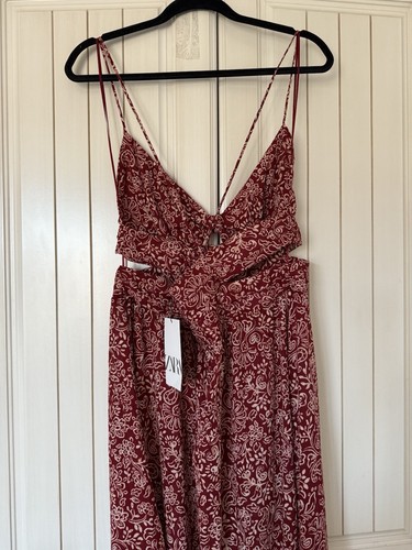 ZARA MAROON V-NECK FLORAL PRINT THIN STRAPS MIDI DRESS CUT-OUT SIZE XL 2157/236 - Picture 7 of 9