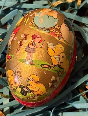 Vintage West German Paper Mache Easter Egg Candy Container Rare 3  litho