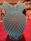 Vintage Fenton Blue Opalescent Hobnail Vase w/classic double-crimped rim 8” MCM