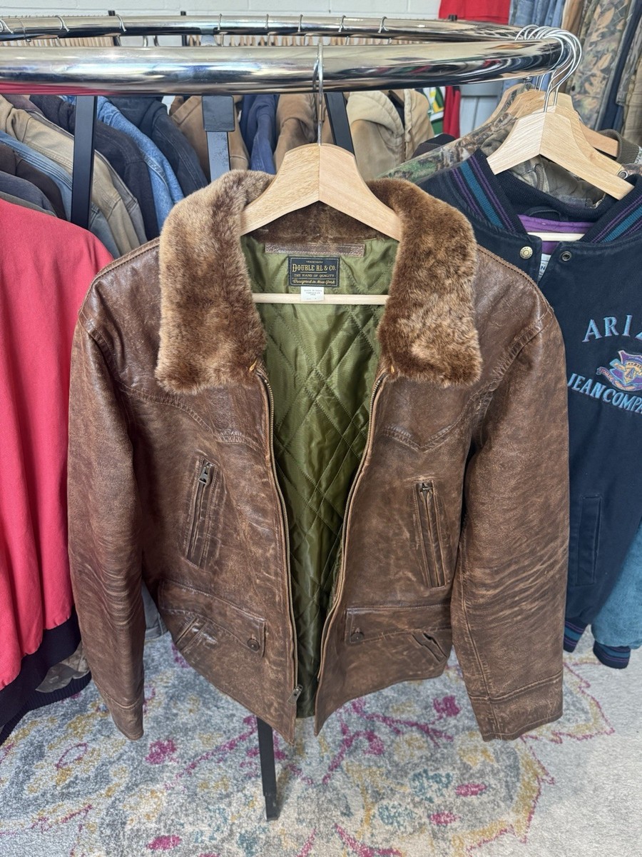 RRL Ralph Lauren Brown Shearling-Collar Leather Car Coat Jacket