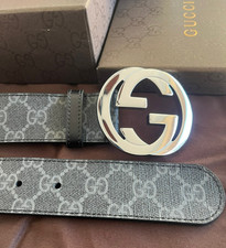 Gucci Men's GG Monogram Supreme Black/Gray Leather Belt Size 110 cm 38/40 Waist