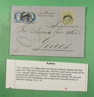 DR WHO 1871 AUSTRIA LEVANT F/L SMYRA TO GENOA ITALY R58292