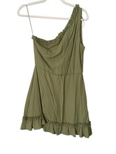 Blue Rain Mini Dress Size Medium Sleeveless Ruffle Trim One Shoulder Green Boho