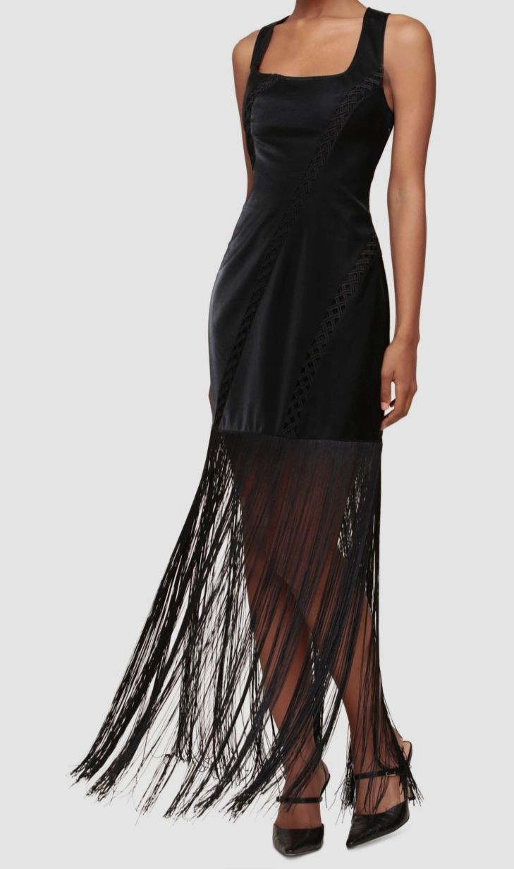 Avec Les Filles Women's Black Square-Neck Fringe-Trim Dress Size 14