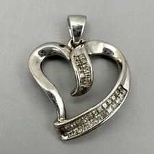 Tilted Curly Open Heart Pendant 10K White Gold Tested Square Diamonds Accents