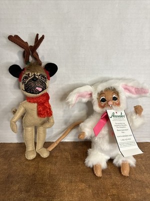 2 Annalee Dolls Cozy Christmas Pug Puppy Dog Reindeer & Mouse In Bunny Costume