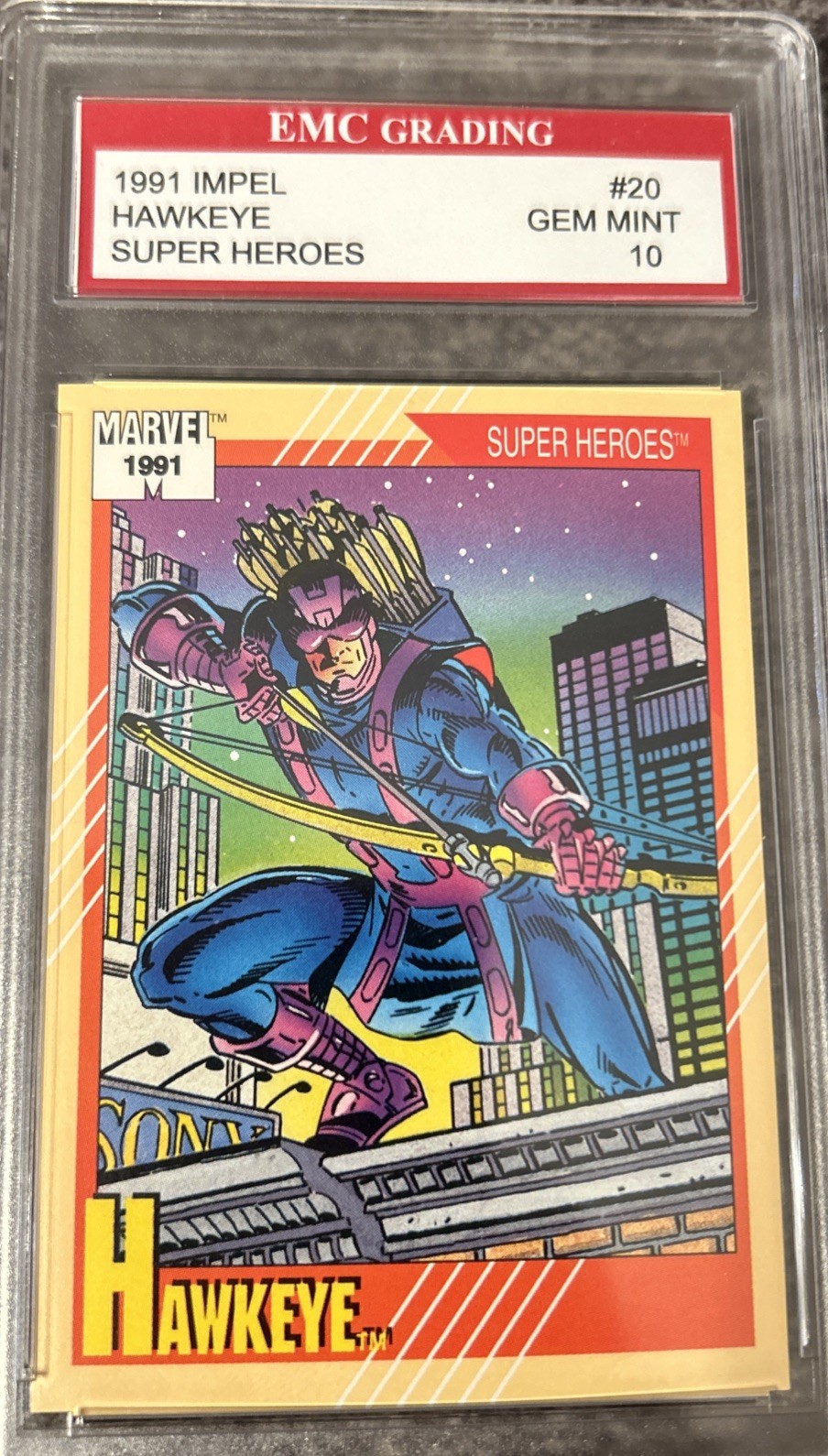 1991 MARVEL UNIVERSE HAWKEYE CARD/#20/EMC Gem Mint 10