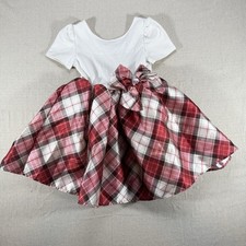 H&M Girls Plaid Holiday Party Dress White Red Pink Bow Size 5-6 Years
