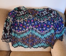 Jessica Simpson Large Teal Purple 3/4 Sleeve Sheer Embroidered Edging Blouse Top